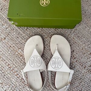 Tory Burch Miller Thong White Logo Strap Sandals